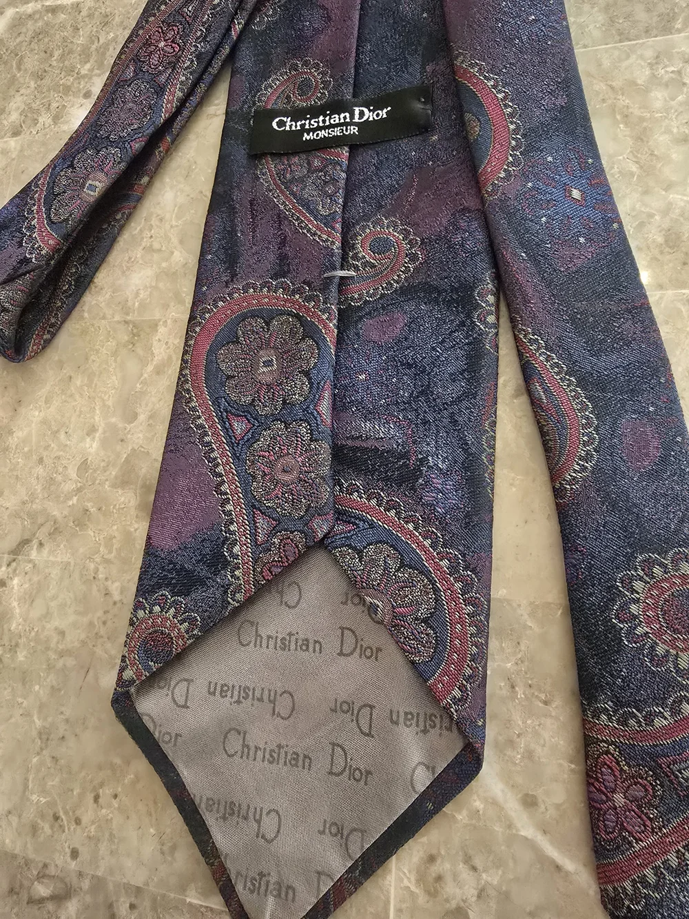 Vintage Dior Navy Blue and Purple Paisley Silk Tie